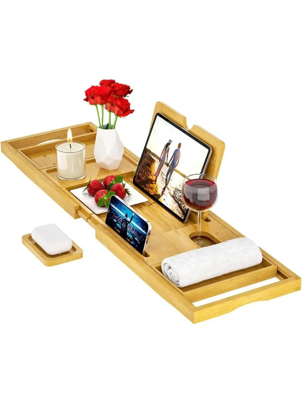 Expandable Bamboo Bathtub Tray Caddy - Fits Most Tubs, Spa Organizer & Table